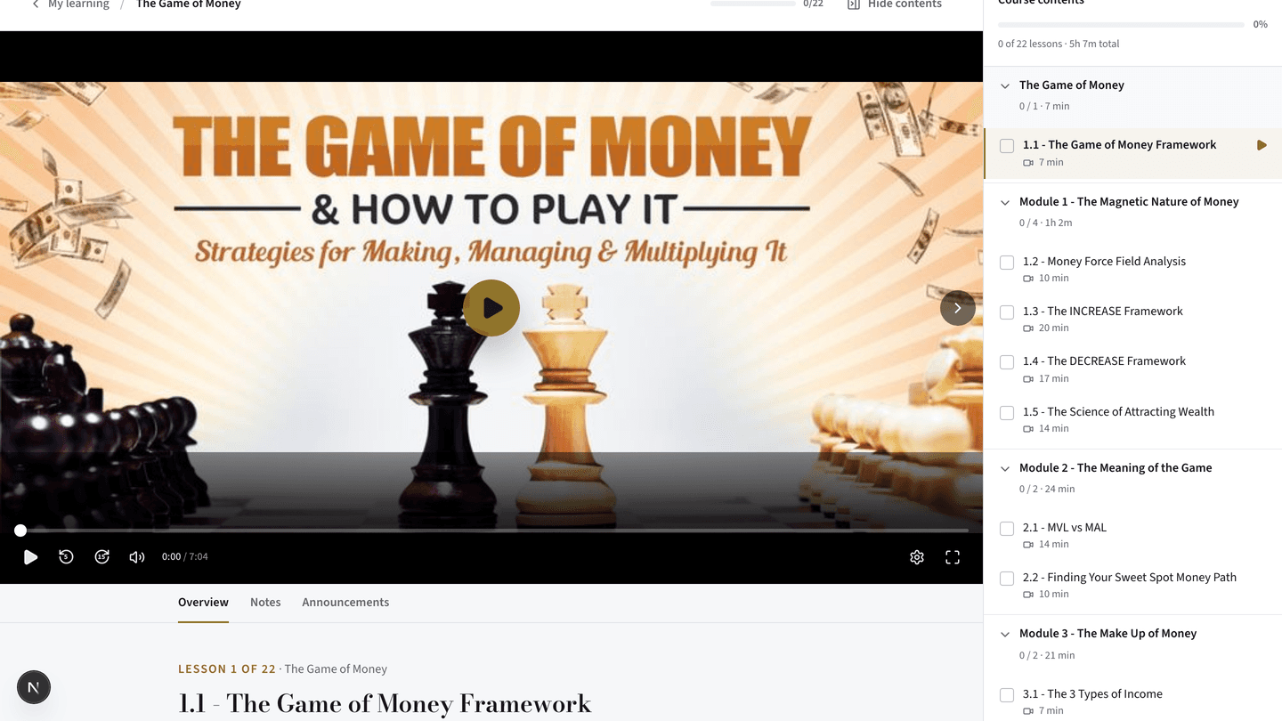 A MasterClass video lesson playing, with the course contents and progress beside it