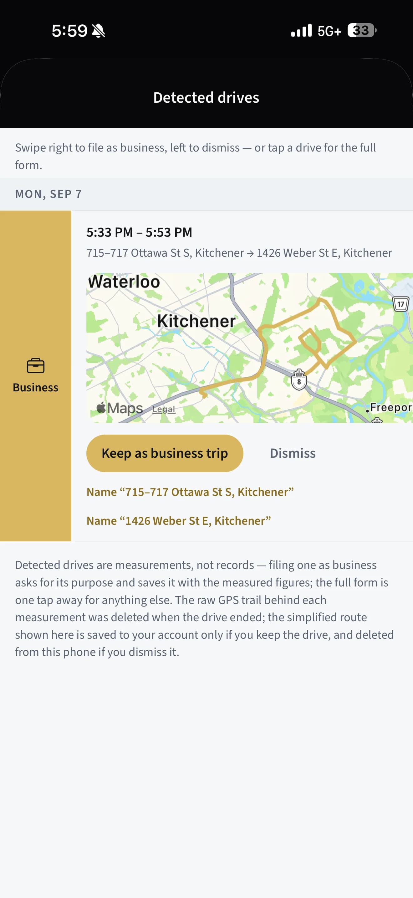 Review and classify detected drives — Swipe right to file as business