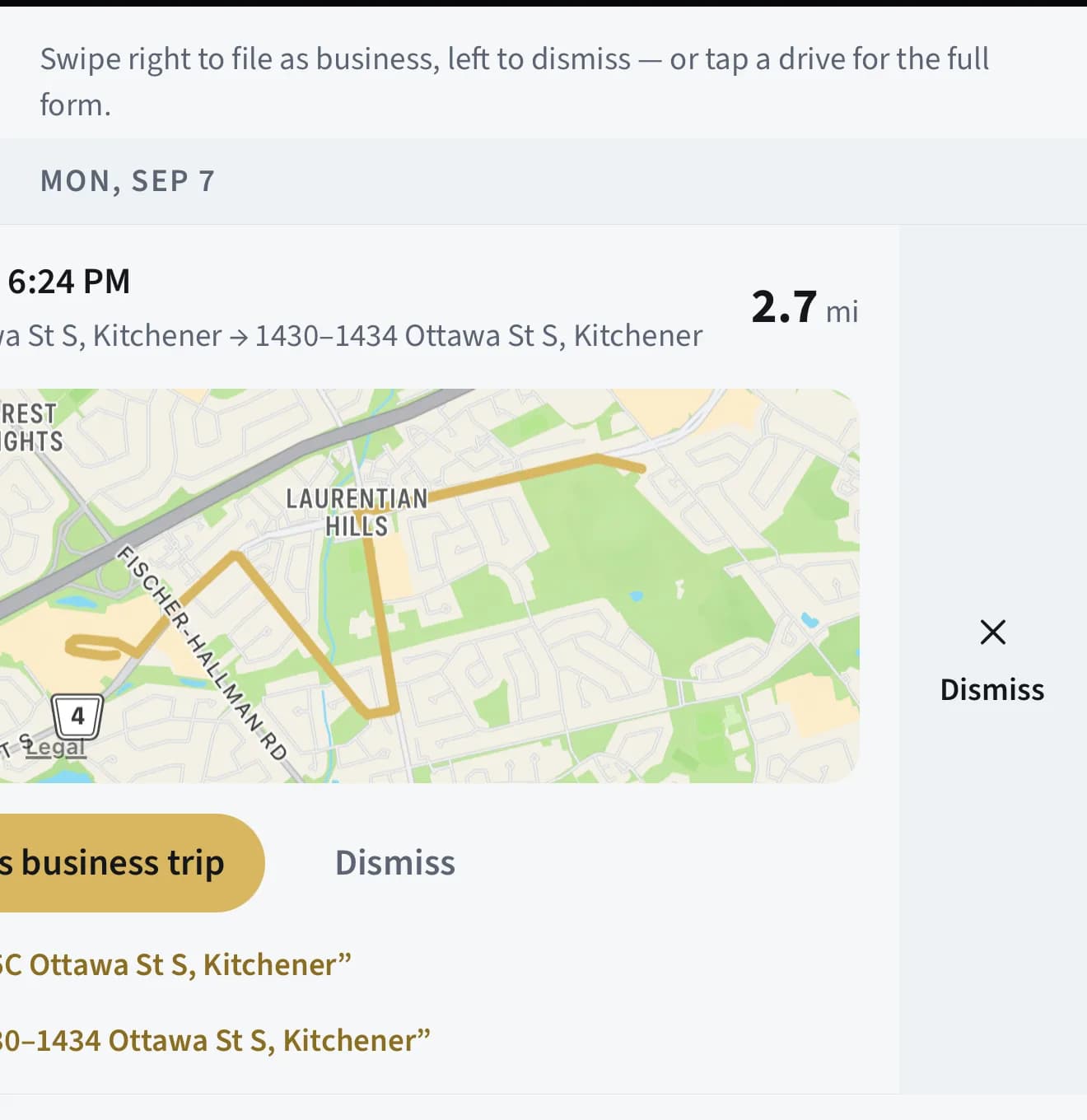 Review and classify detected drives — Swipe left to dismiss