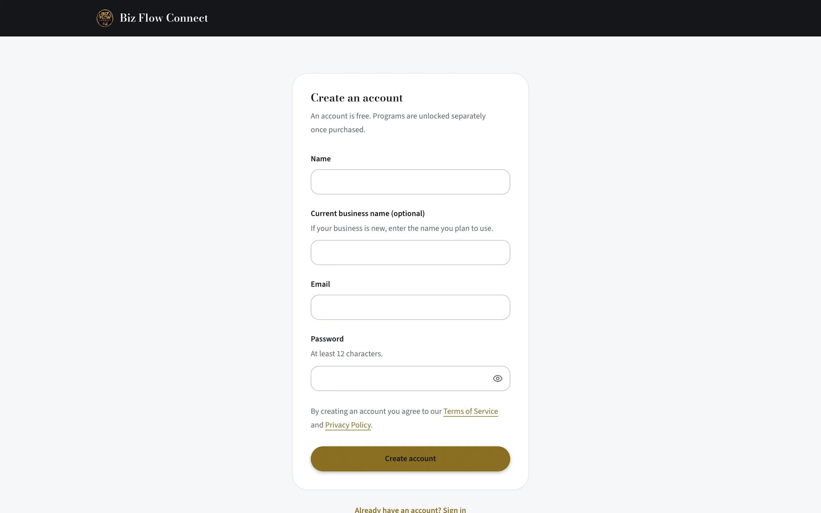 Get started with BizFlow — Create your account