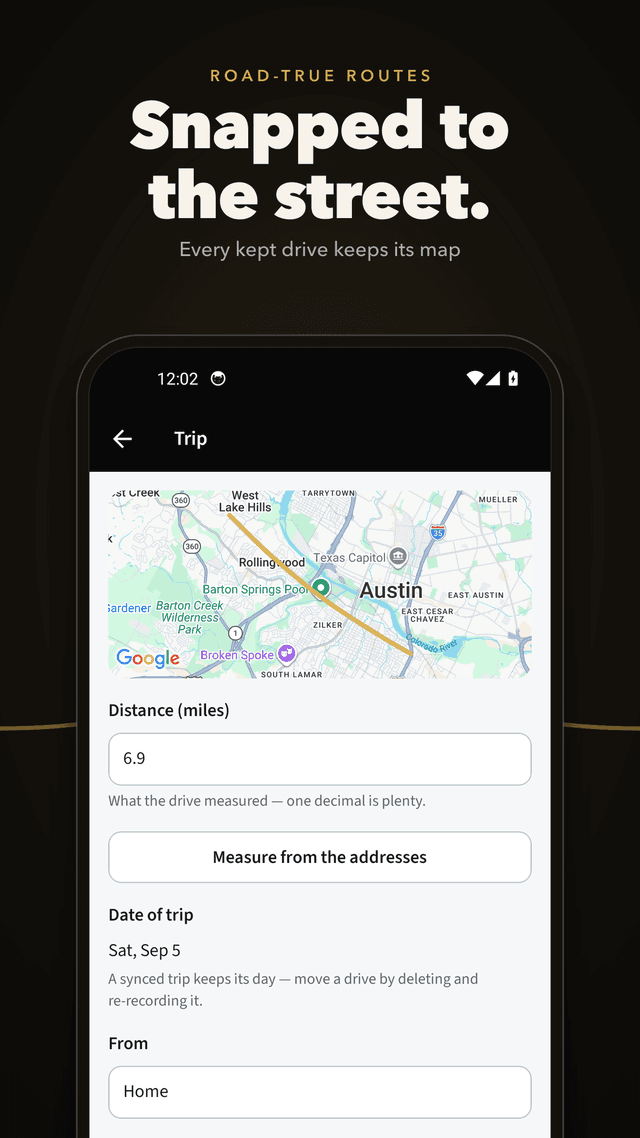 A tracked drive in the Expense & Mileage app: the route drawn on the map with its distance and times