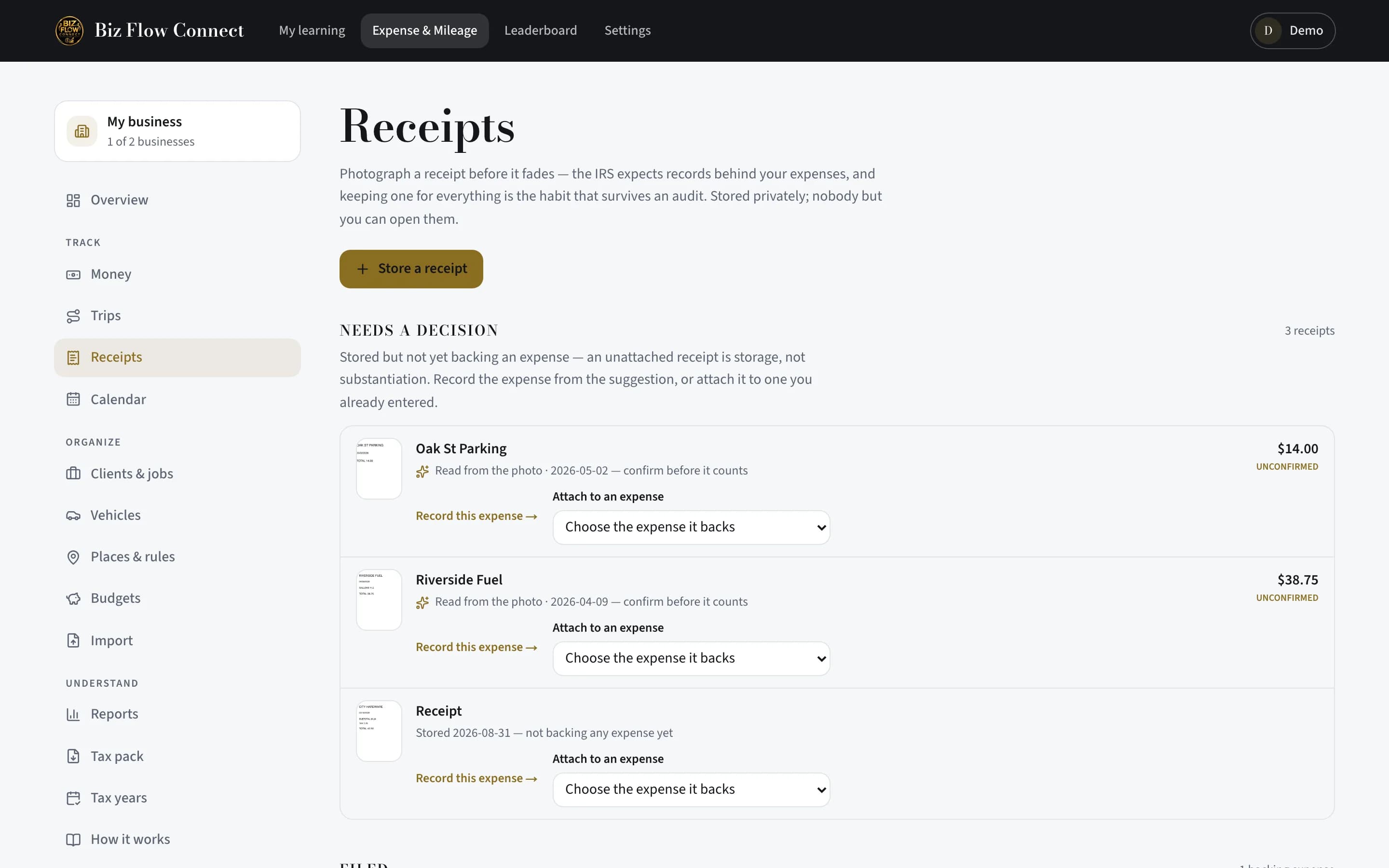 Snap receipts and let the app read them — Turn the receipt into an expense