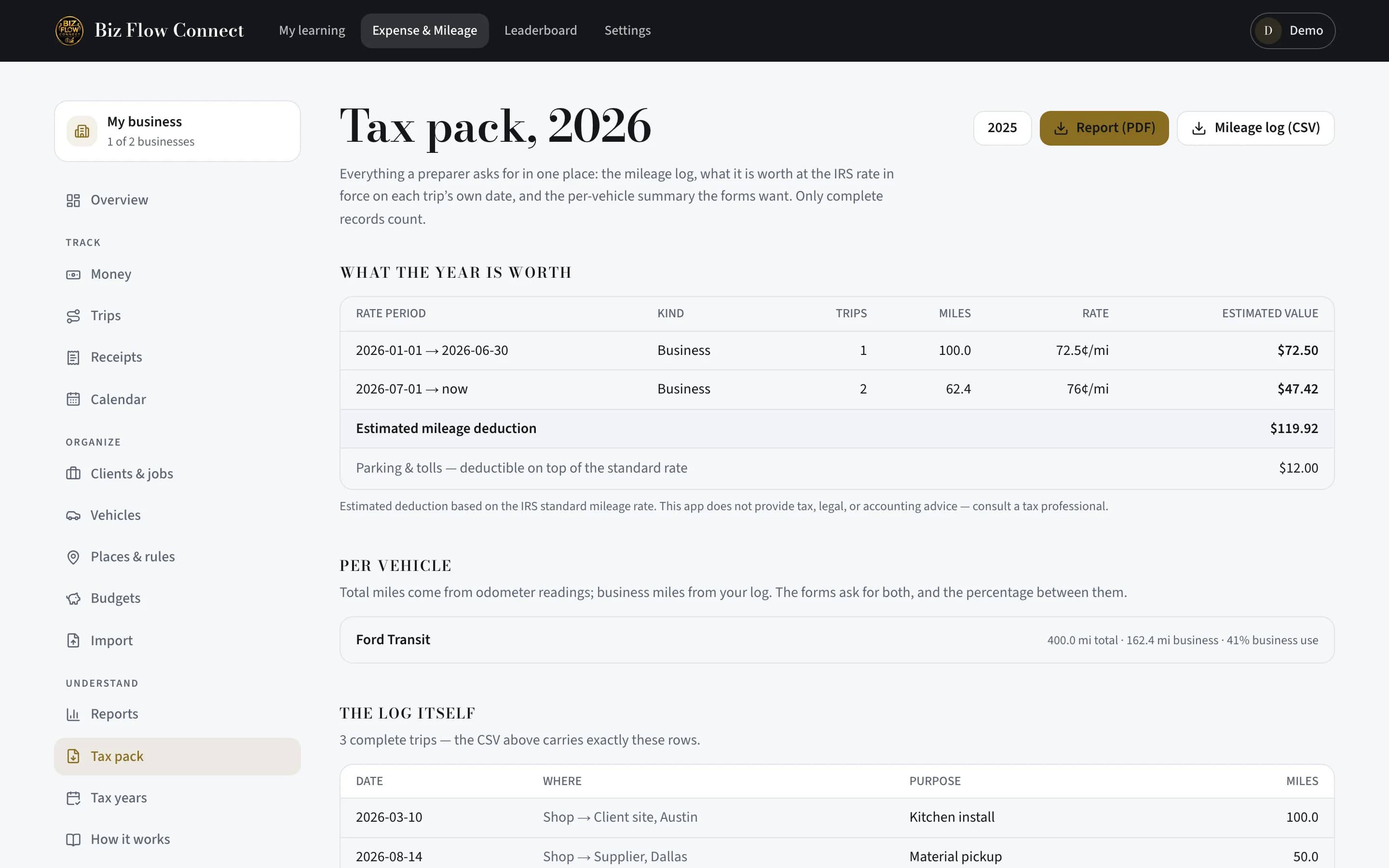 Reports and the tax pack — Open the tax pack