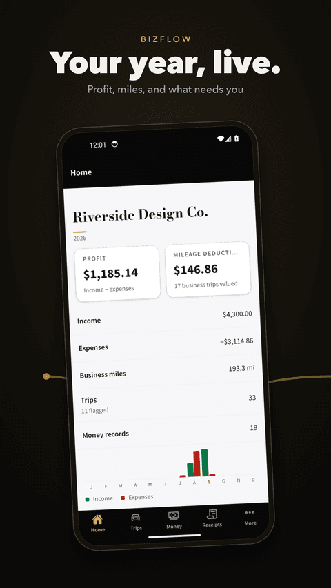 BizFlow home screen — your year, live